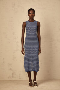 Ingrid Blue Wavy Crochet Knit Midi Dress