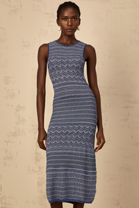 Ingrid Blue Wavy Crochet Knit Midi Dress