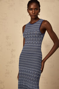 Ingrid Blue Wavy Crochet Knit Midi Dress