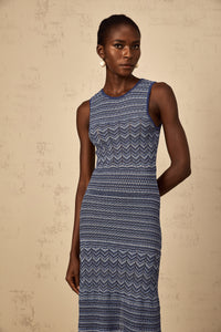 Ingrid Blue Wavy Crochet Knit Midi Dress