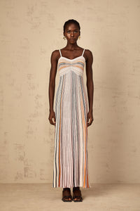 Bruyère Neutral Sequin Striped Knit Maxi Dress