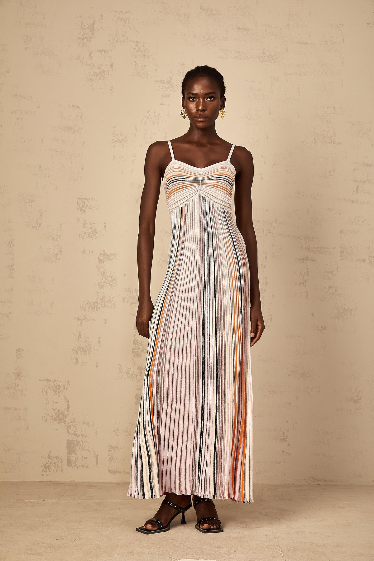 Bruyère Neutral Sequin Striped Knit Maxi Dress