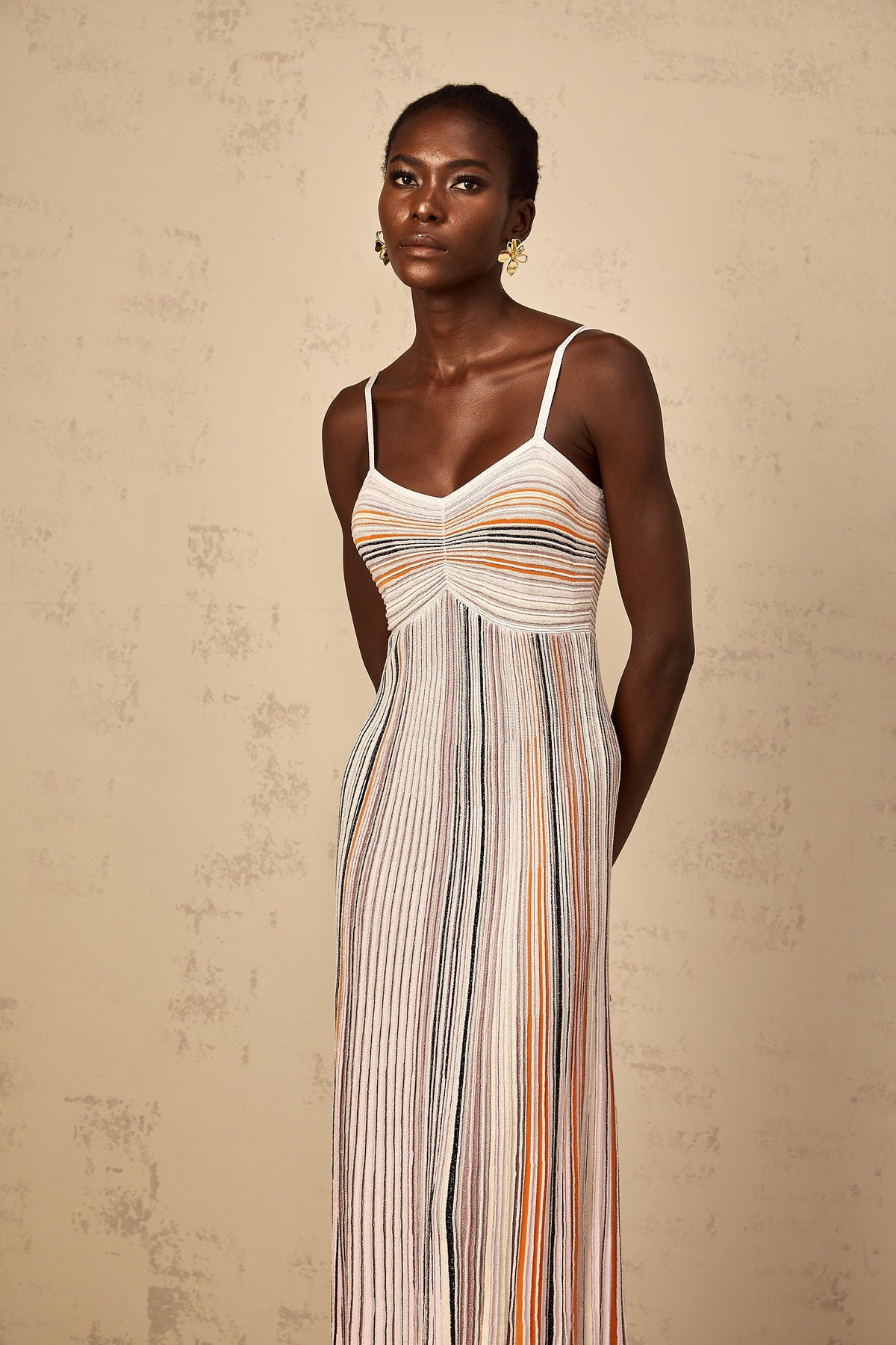Bruyère Neutral Sequin Striped Knit Maxi Dress