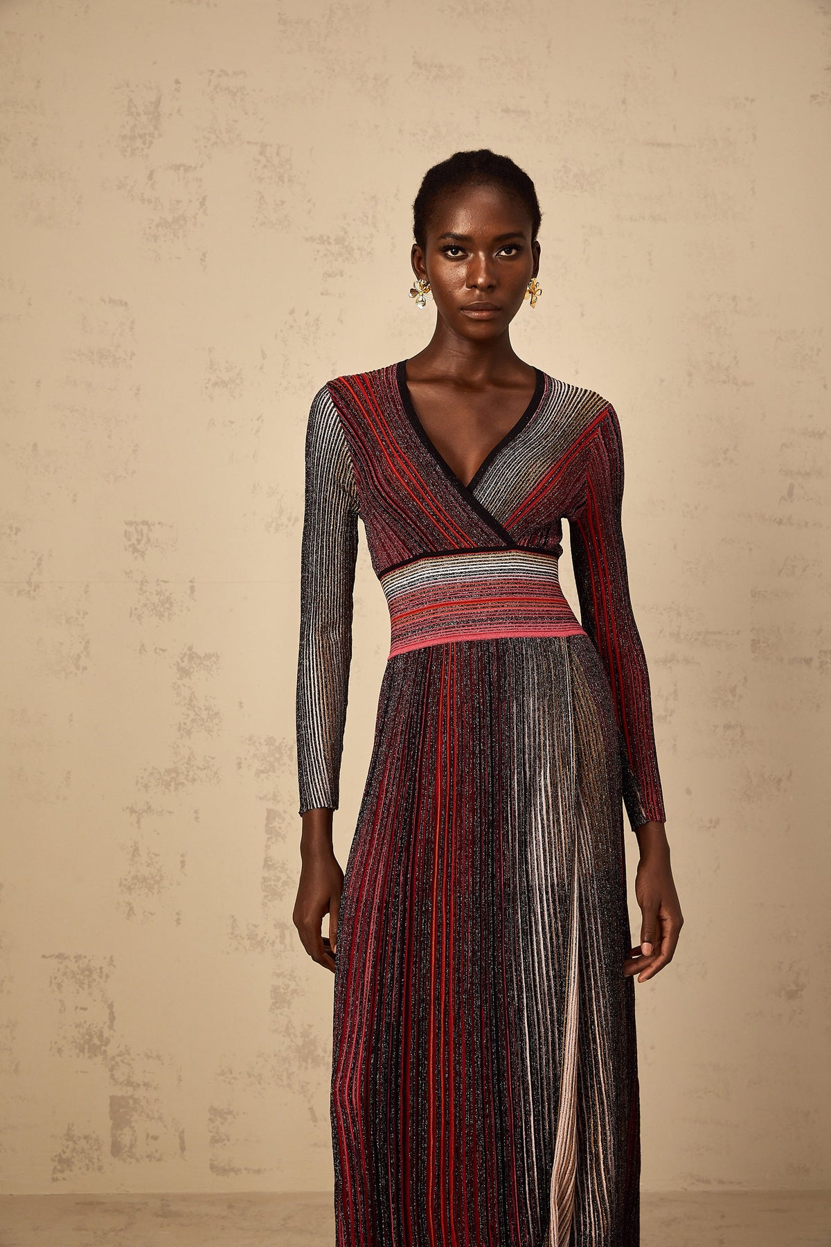 Amaryllis Red Long Sleeve Sequin Striped Knit Maxi Dress