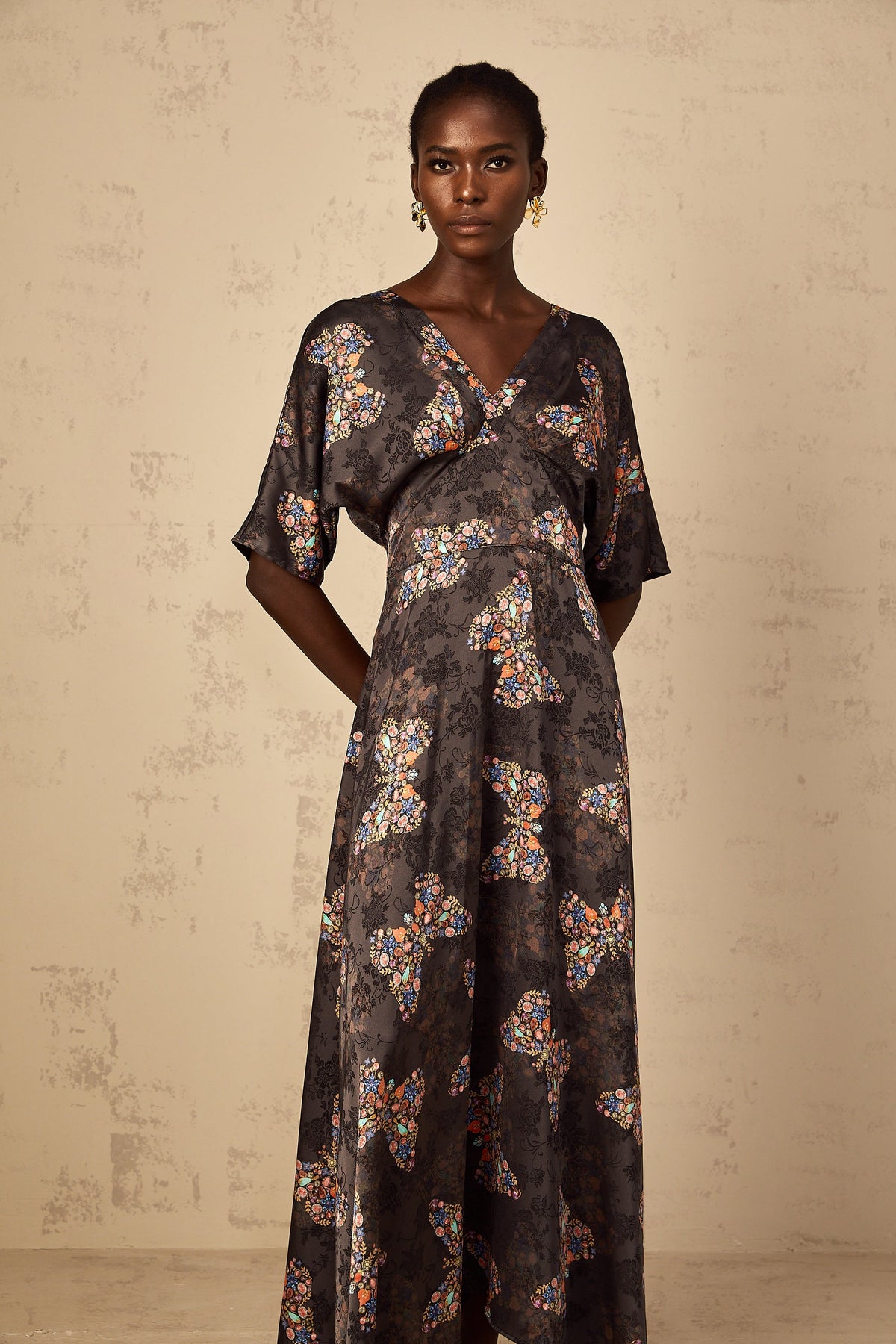 Glannon Black Self-Tie Butterfly Print Maxi Dress