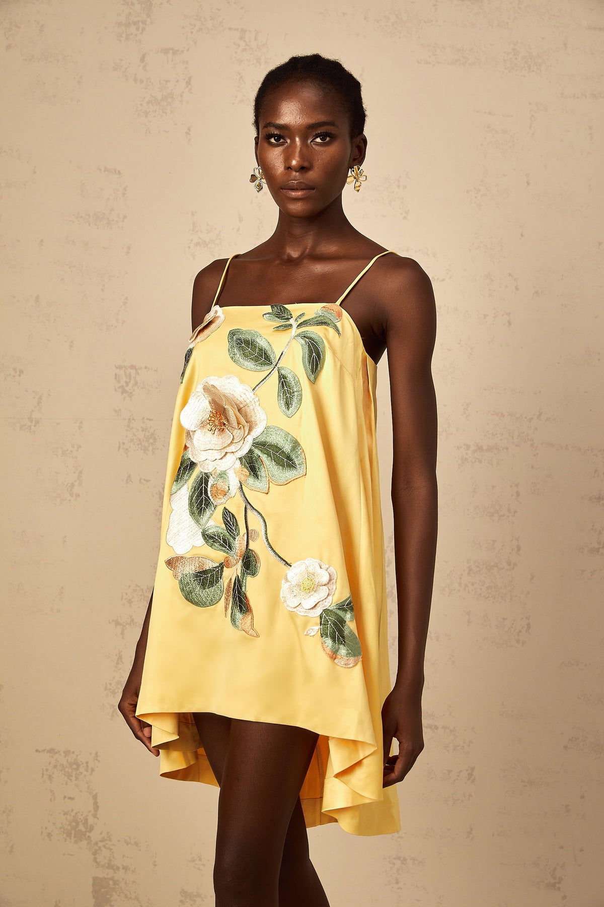 Avril Yellow Floral Embroidered Mini Dress