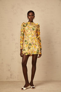 Jolien 3D Floral Appliqué Mini Dress in Yellow