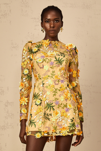Jolien 3D Floral Appliqué Mini Dress in Yellow