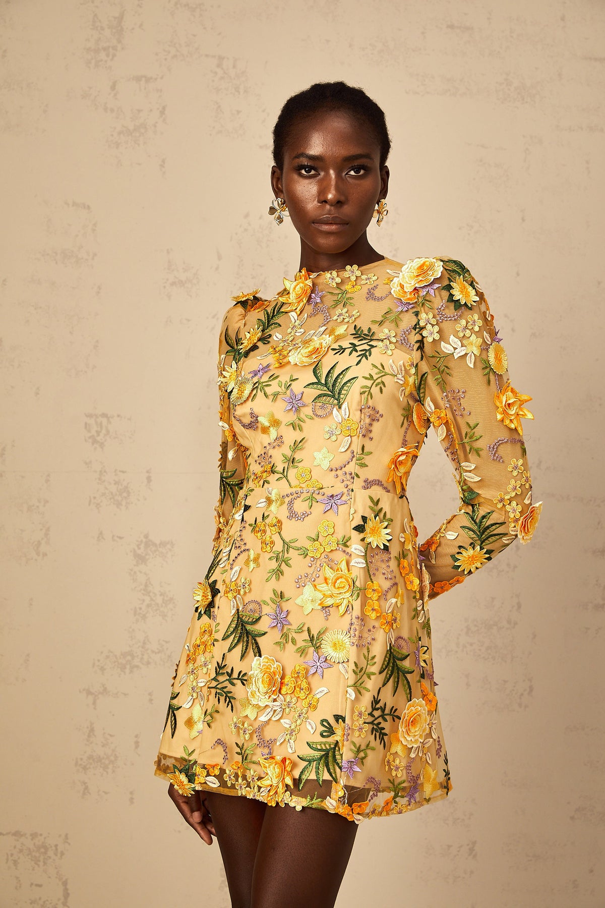 Jolien 3D Floral Appliqué Mini Dress in Yellow