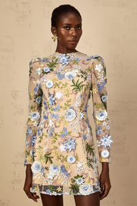 Jolien Blue Floral Appliqué Embroidered Tulle Mini Dress