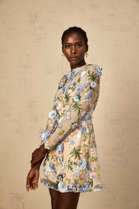 Jolien Blue Floral Appliqué Embroidered Tulle Mini Dress