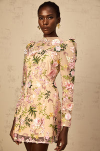Jolien 3D Floral Appliqué Mini Dress in Pink