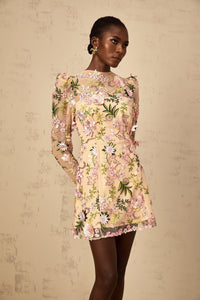 Jolien 3D Floral Appliqué Mini Dress in Pink