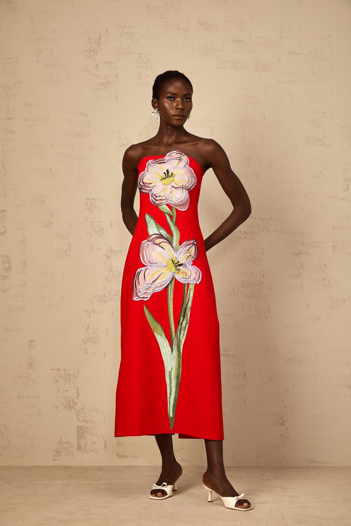 Irène Sequin Embroidered Off-Shoulder Midi Dress in Red