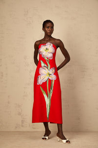 Irène Sequin Embroidered Off-Shoulder Midi Dress in Red