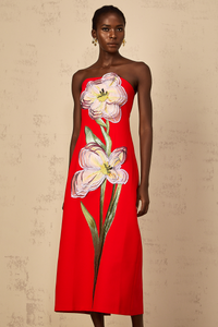Irène Sequin Embroidered Off-Shoulder Midi Dress in Red