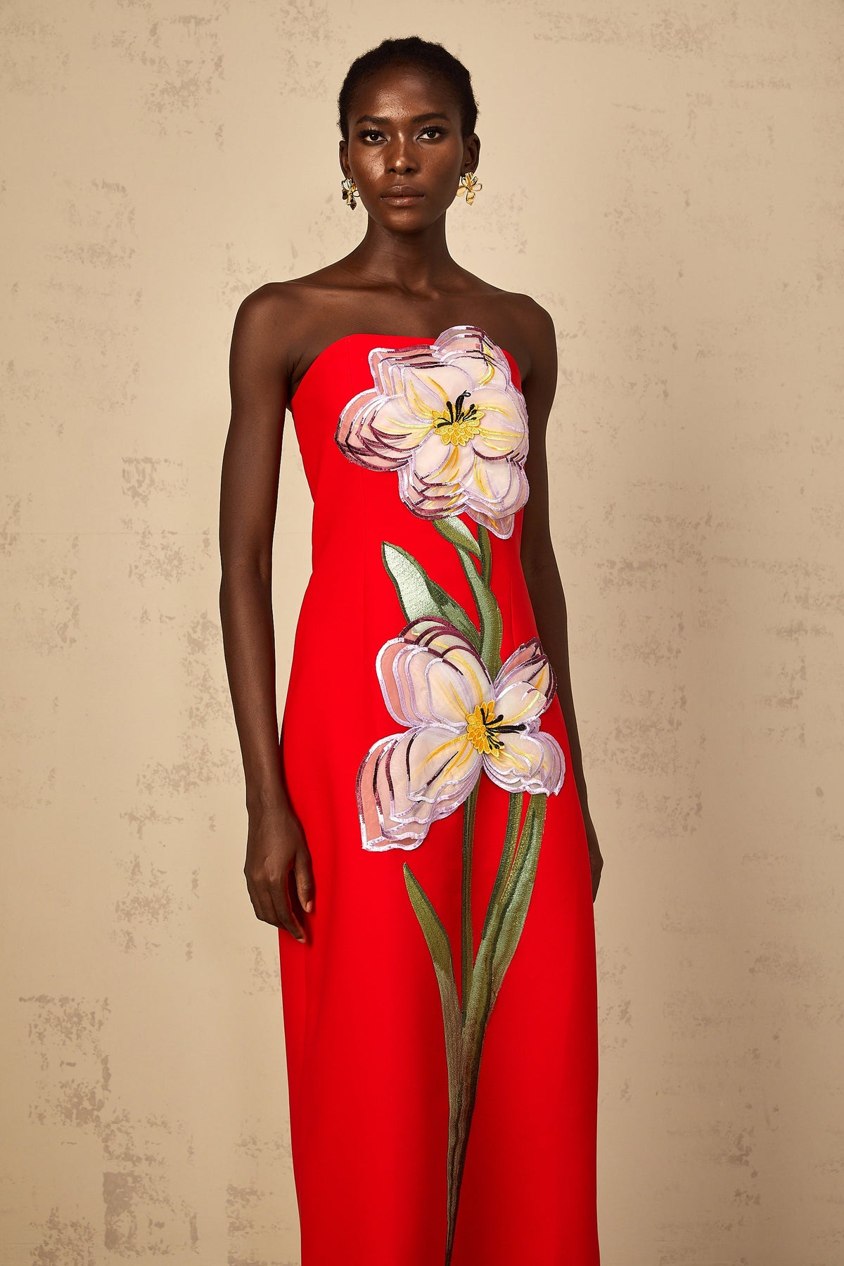 Irène Sequin Embroidered Off-Shoulder Midi Dress in Red