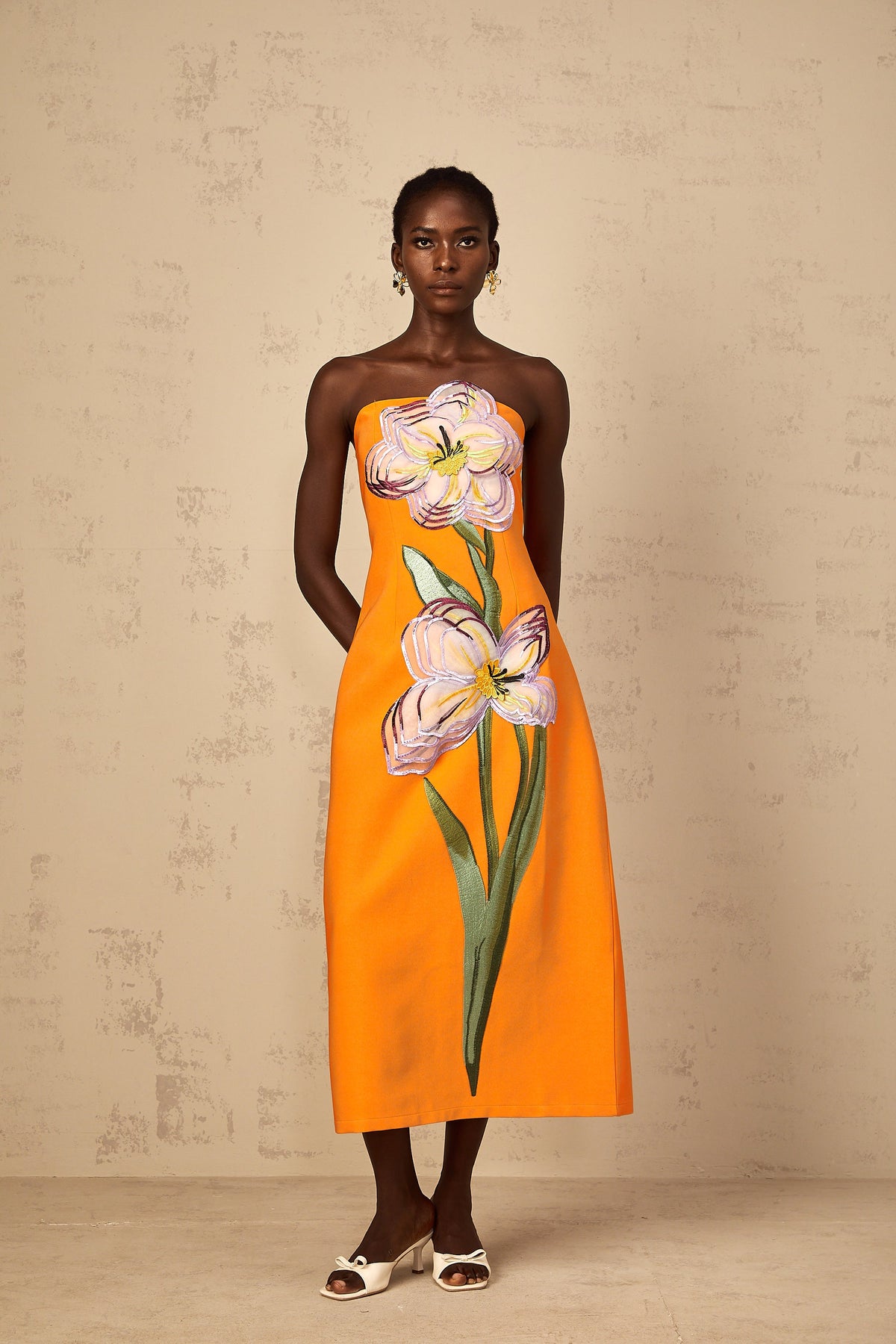 Irène Sequin Embroidered Off-Shoulder Midi Dress in Orange