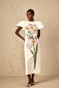Irène White Sequin Floral Embroidered Midi Dress