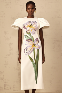 Irène White Sequin Floral Embroidered Midi Dress