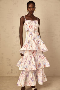 Géraldine White Floral Print Ruffled Tiered Maxi Dress