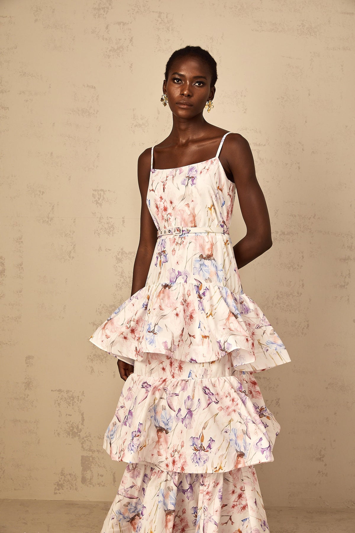 Géraldine White Floral Print Ruffled Tiered Maxi Dress