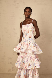 Géraldine White Floral Print Ruffled Tiered Maxi Dress
