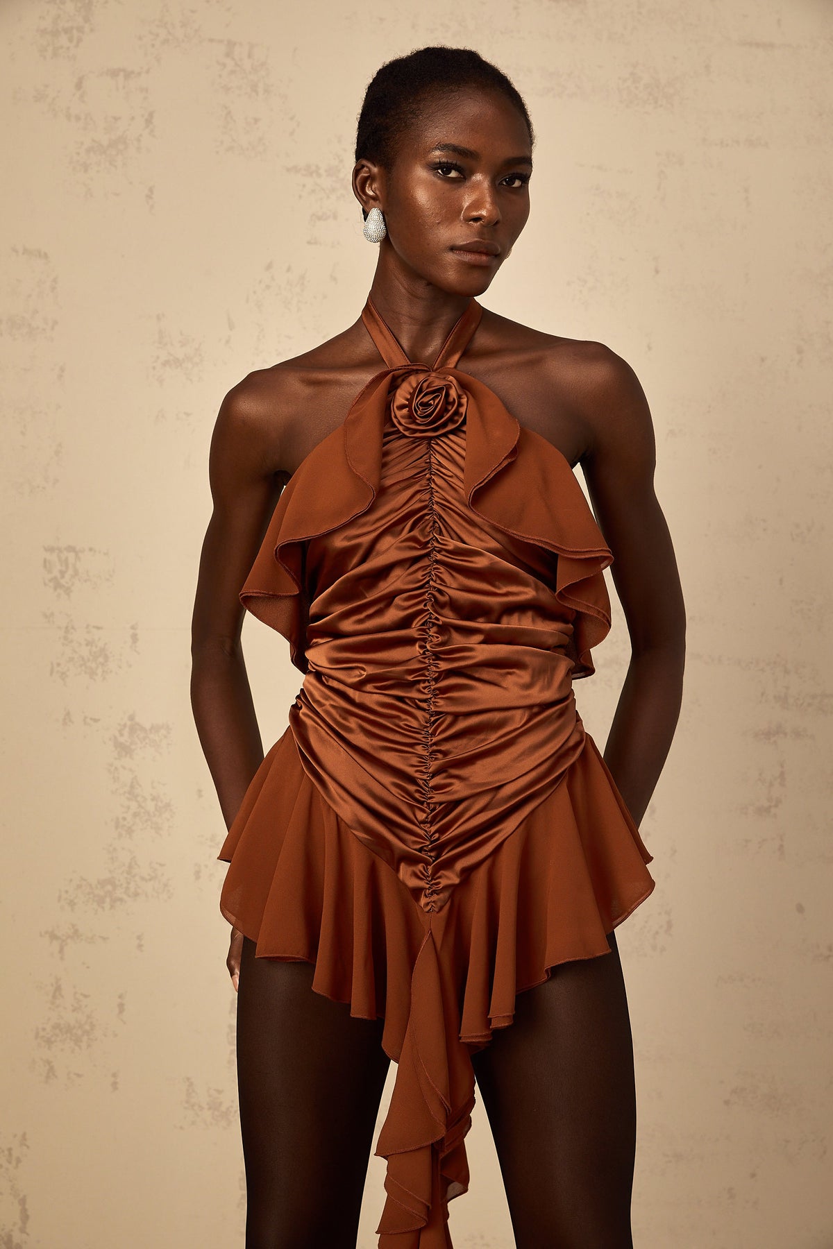 Léonie brown floral-appliqué ruched mini dress