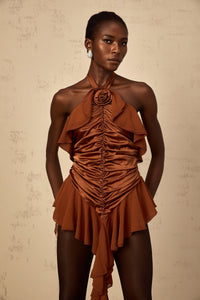 Léonie brown floral-appliqué ruched mini dress