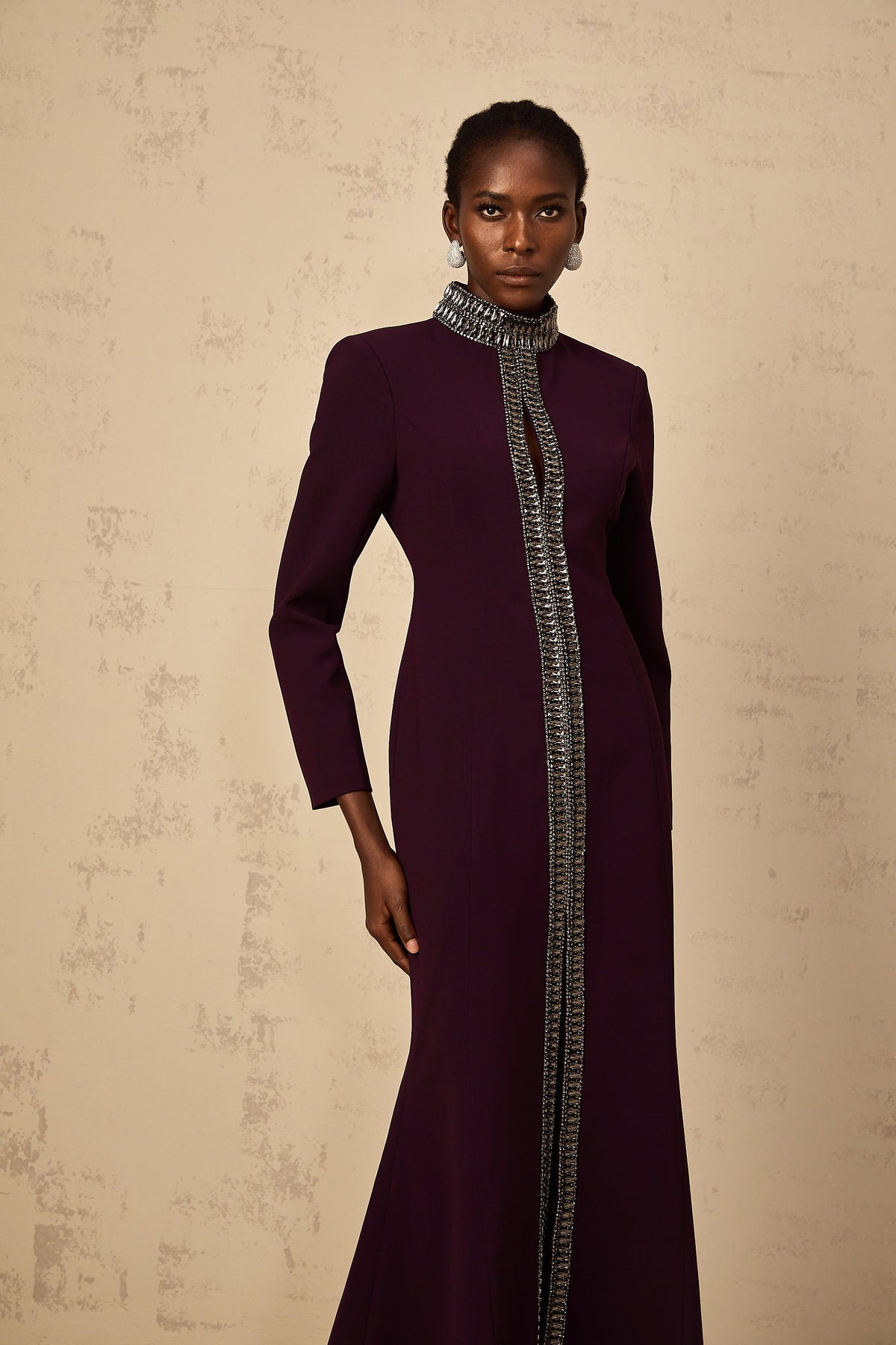Maëlie Burgundy Embellished Flared Maxi Dress