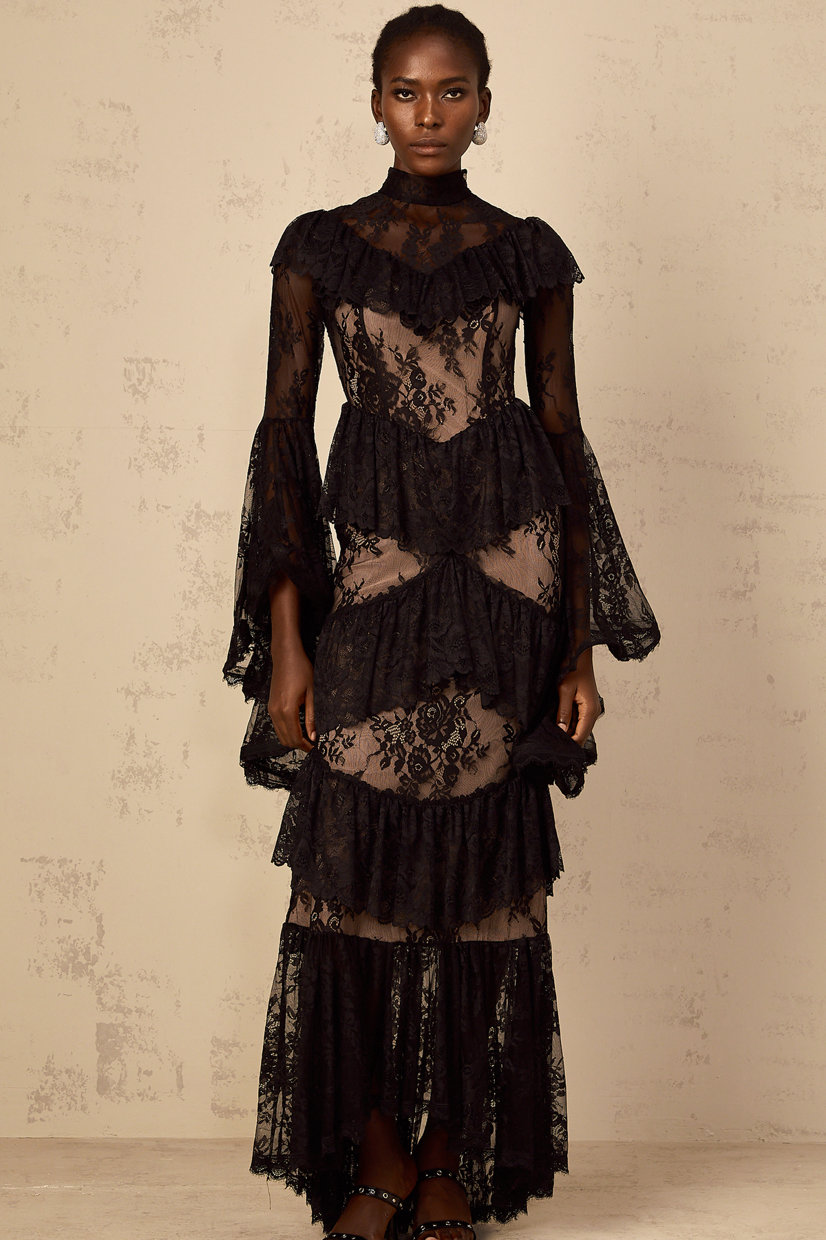 Roxane black floral-lace ruffled maxi dress