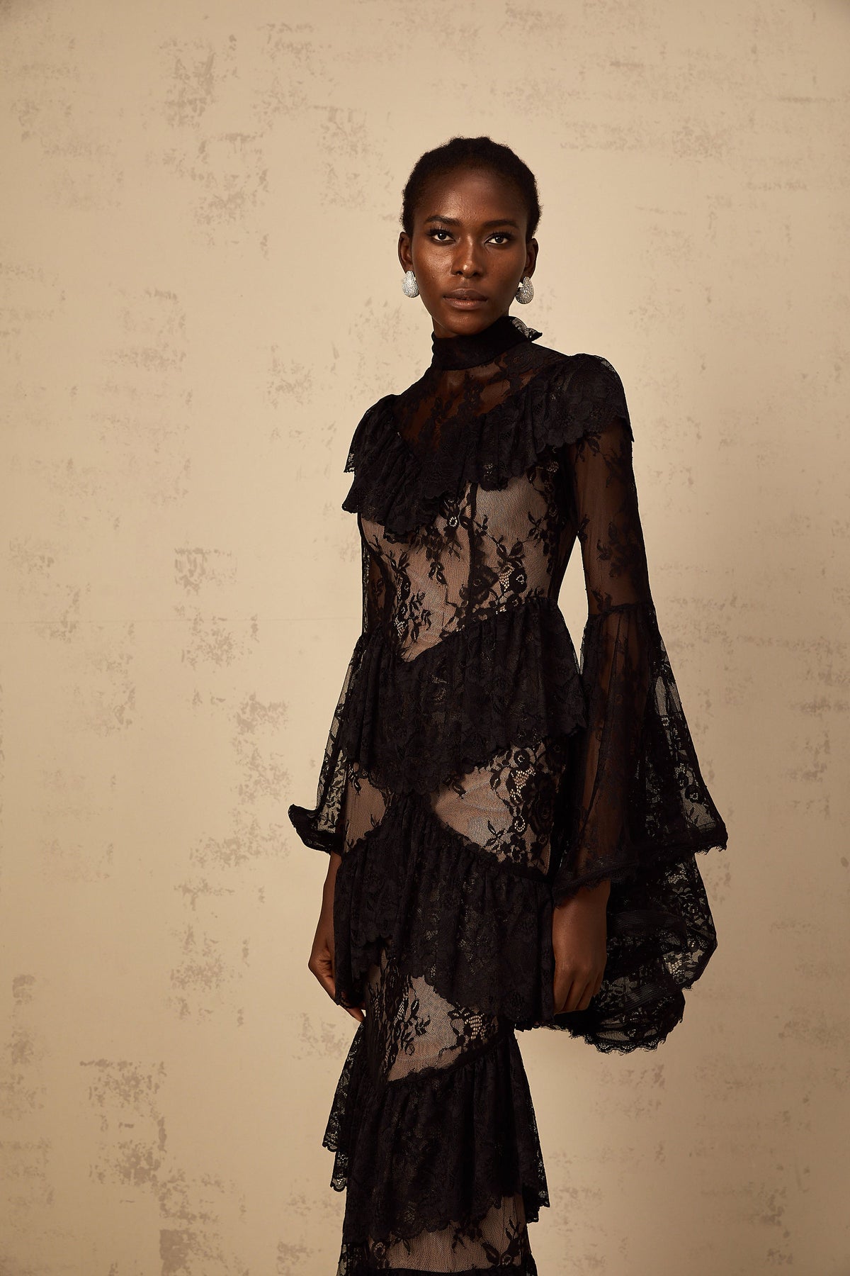 Roxane black floral-lace ruffled maxi dress