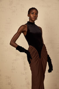 Mathilde brown velvet-panel ruched maxi dress