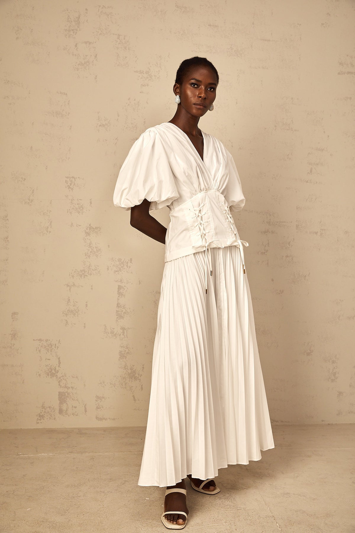 Vienne White Lace-Up Pleated Maxi Dress