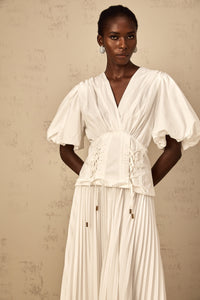 Vienne White Lace-Up Pleated Maxi Dress