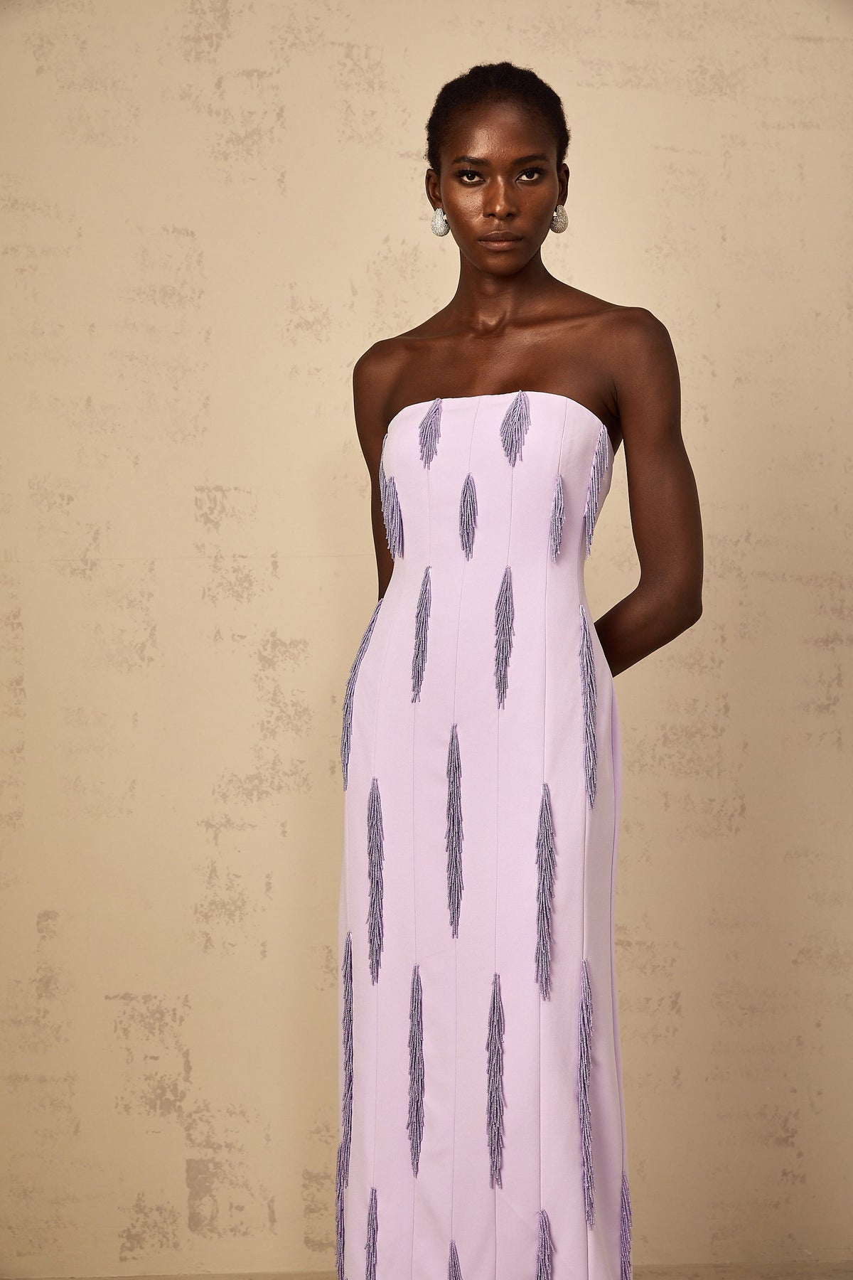 Émilie Purple Beaded Fringed Detail Maxi Dress