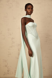 Béryl Tulle Panel Corset Maxi Dress in Mint Green