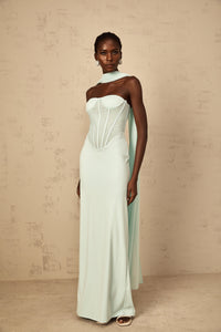 Béryl Tulle Panel Corset Maxi Dress in Mint Green