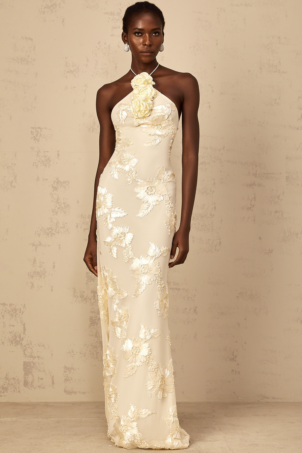Melanie Neutrals Embroidered Halterneck Maxi Dress
