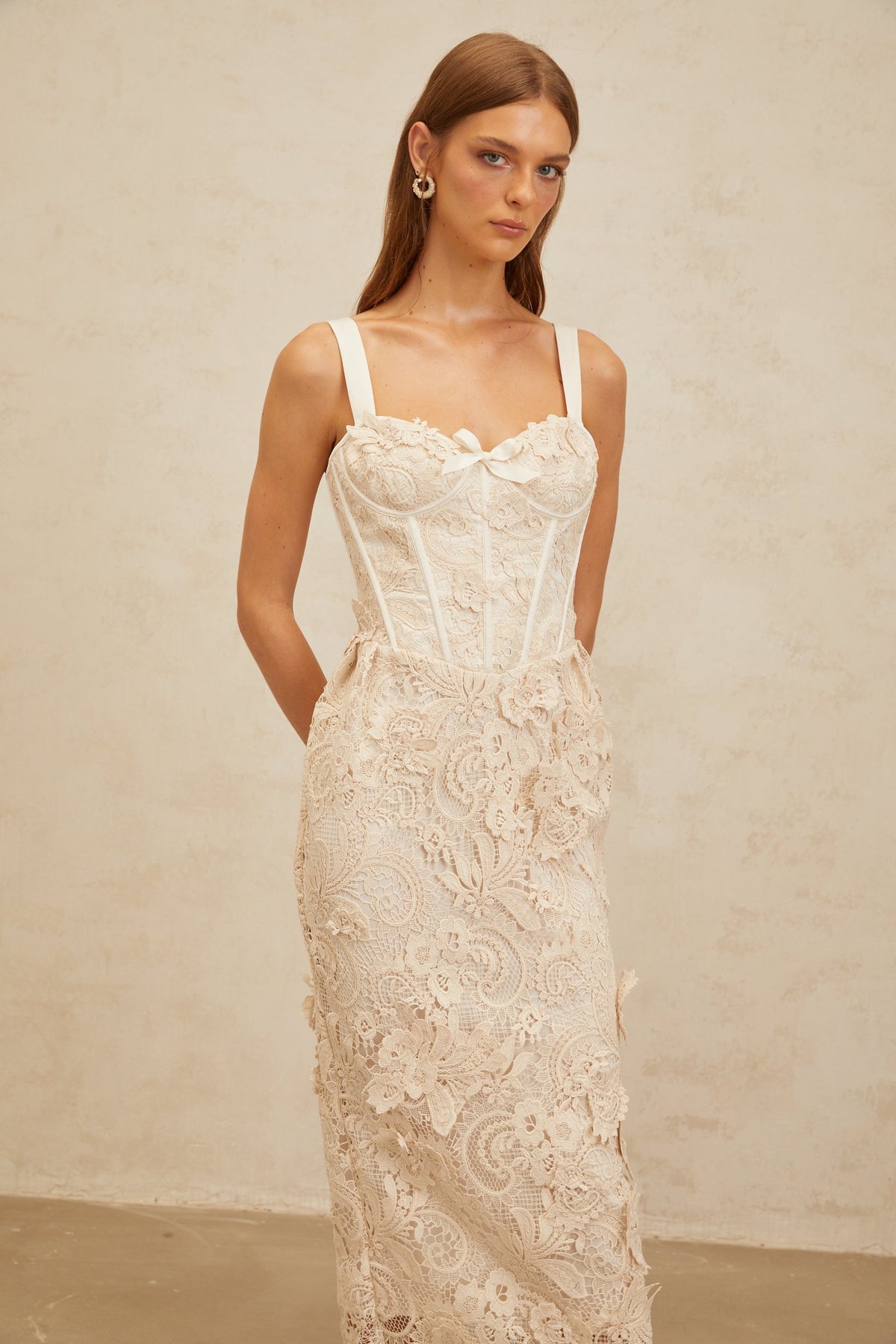 Irène Neutrals Corded Lace Corset Midi Dress