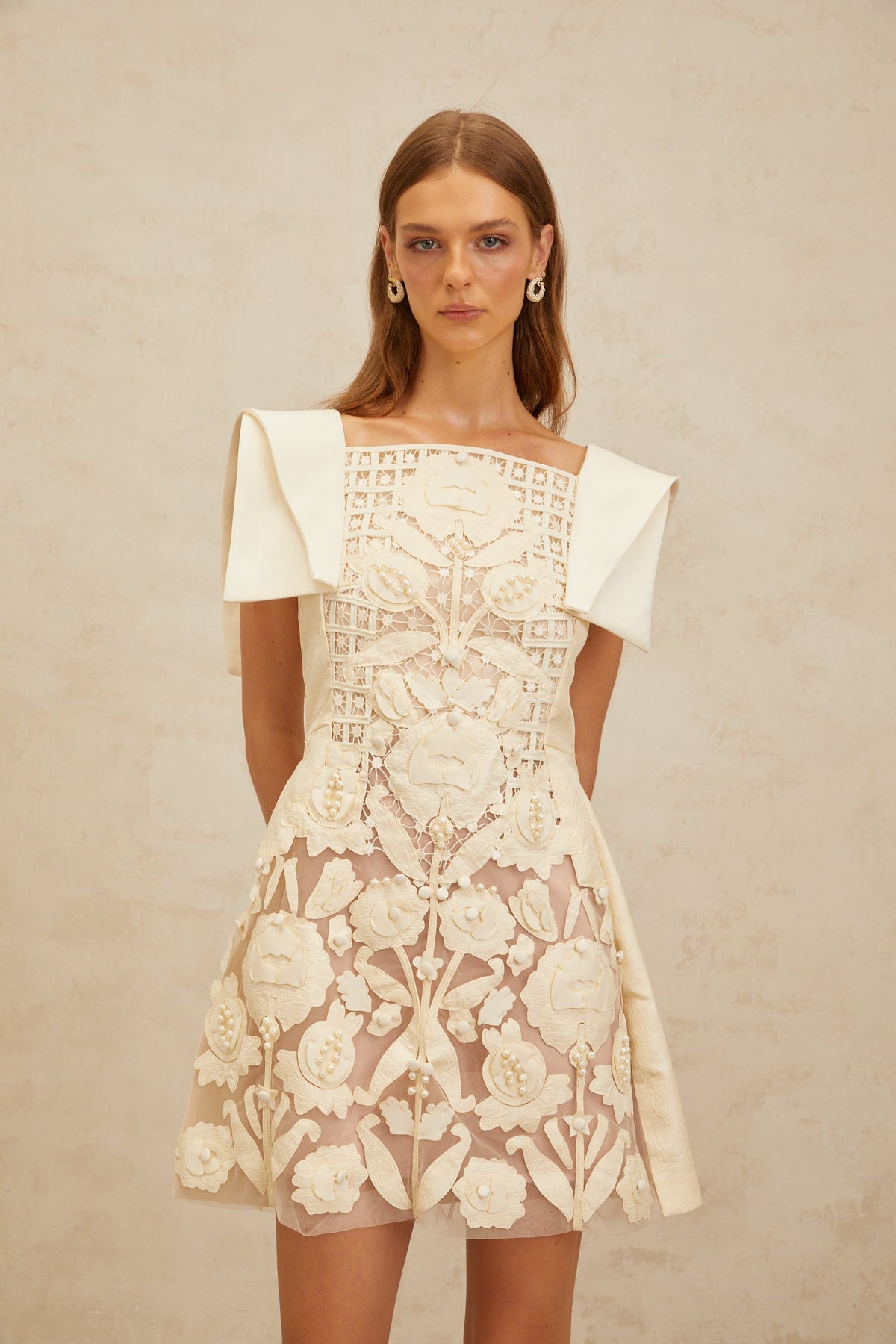 Léa White Floral Appliqué Crochet Mini Dress