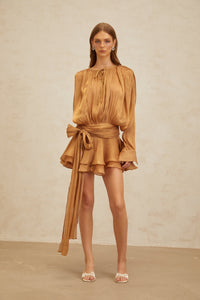 Eugénie Gold Fully Pleated Ruffled Mini Dress