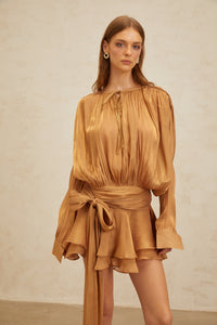 Eugénie Gold Fully Pleated Ruffled Mini Dress