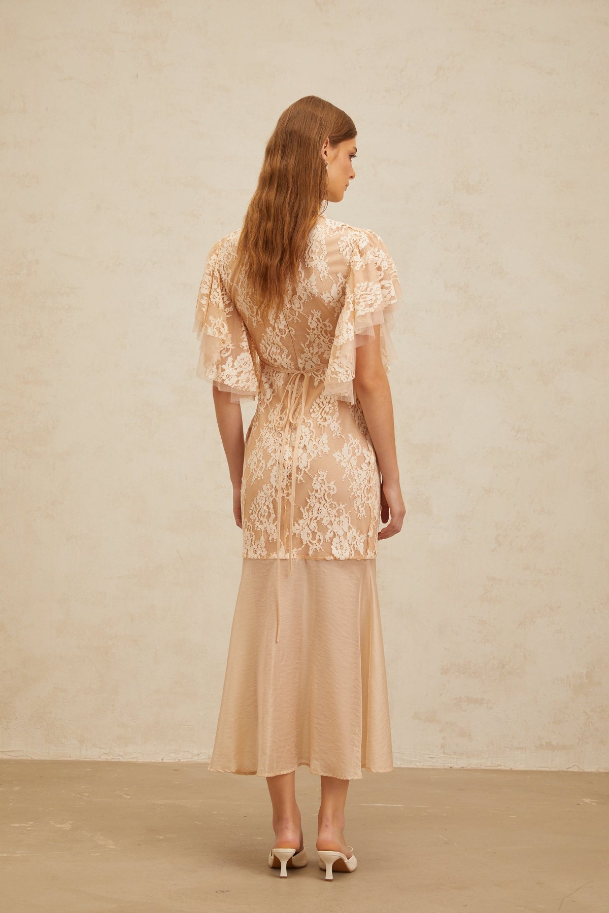 Annabelle Embellished Floral Lace Panelled Midi Dress in Neutrals