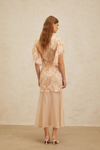 Annabelle Embellished Floral Lace Panelled Midi Dress in Neutrals