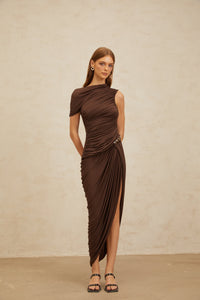 Prune Brown Night Out Asymmetrical Ruched Midi Dress