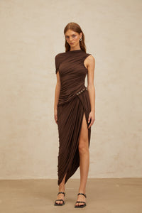 Prune Brown Night Out Asymmetrical Ruched Midi Dress