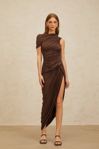 Prune Brown Night Out Asymmetrical Ruched Midi Dress