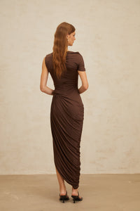Prune Brown Night Out Asymmetrical Ruched Midi Dress