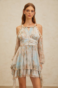 Glannon Blue Floral Print Silk Mini Dress